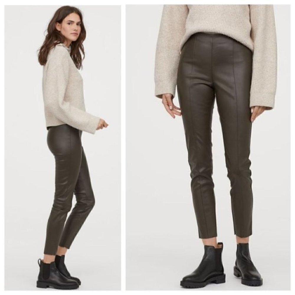 H&M blogger favorite dark green high waisted faux leather leggings size 4